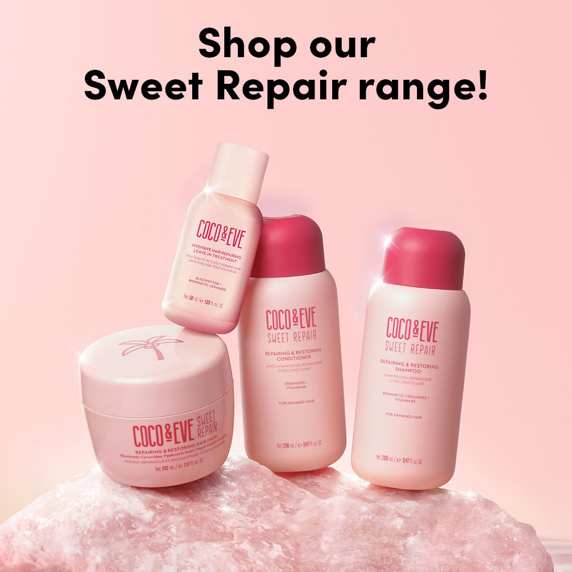 Coco & Eve Sweet Repair Repairing and Restoring Hair Mask. 85% stronger hair, reduce hair damage by 65%. Biomimetic Ceramides, Hyaluronic Acid, Vegan Keratin. Increase Hydration & Shine.