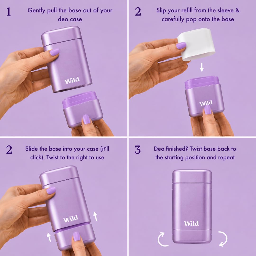 Wild Aluminum Free Natural Deodorant Starter Kit - Refillable Purple Case - Natural Ingredients & 24 Hour Odor Protection - Women's - Fresh Scents Variety Pack - Case + 3 Refills
