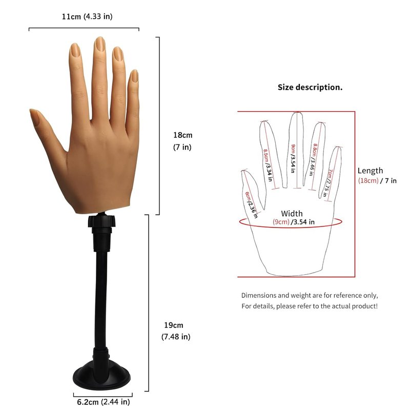 Silicone Practice Hand for Acrylic Nails - Flexible Life-Size Mannequin with Stand | Right Hand