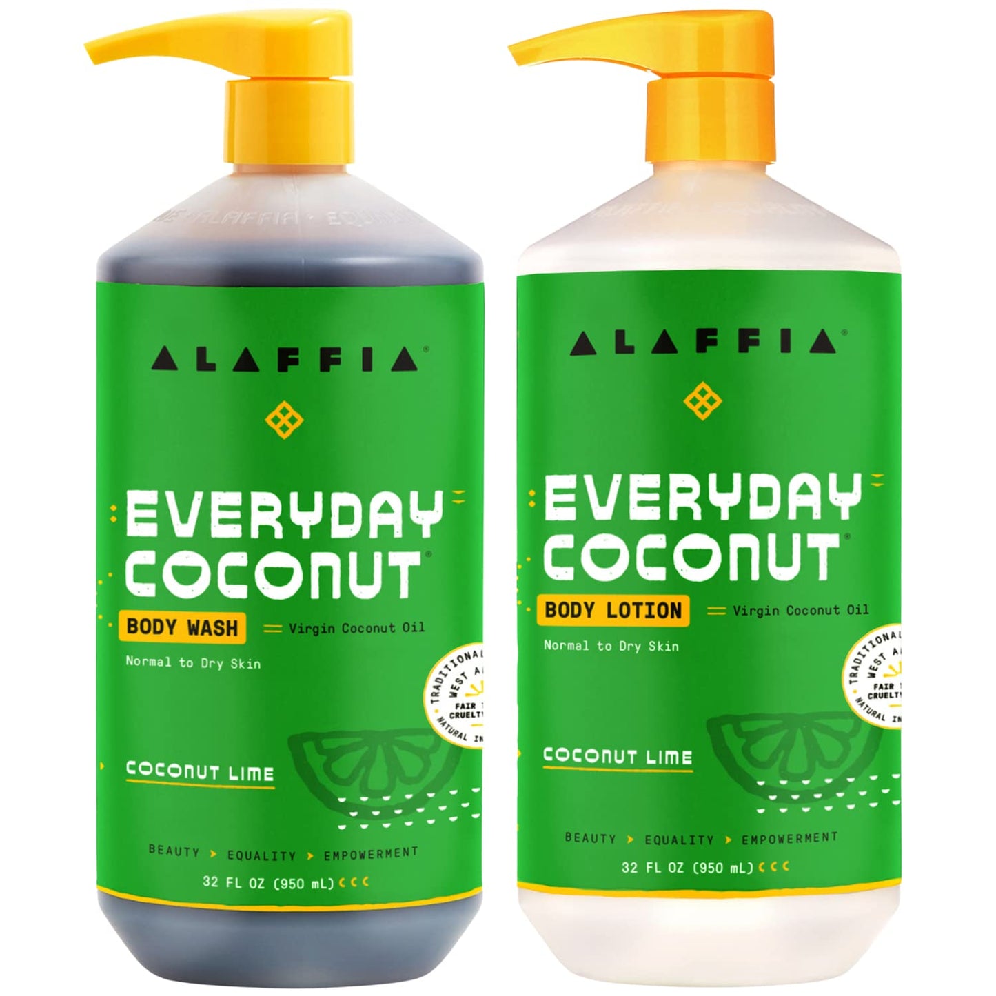 Alaffia Body Wash & Body Lotion Set, EveryDay Coconut – Coconut Lime Skin Cleanser and Moisturizer with Shea Butter and Fruit Extracts for Normal to Dry Skin, 32 Oz Ea