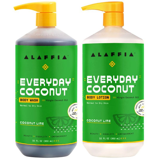Alaffia Body Wash & Body Lotion Set, EveryDay Coconut – Coconut Lime Skin Cleanser and Moisturizer with Shea Butter and Fruit Extracts for Normal to Dry Skin, 32 Oz Ea