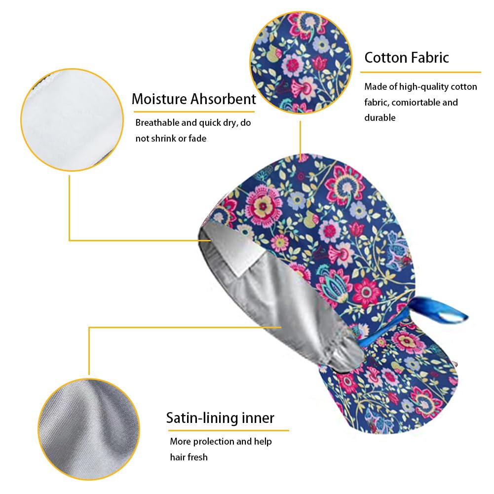 6Pcs Satin Lined Scrub Caps Women Ponytail, Adjustable Surgical Caps for Women, Scrub Hats, Nurse Cap, Nurse Surgical Hat with Button and Sweatband, Elastic Ponytail Pouch Tie Back