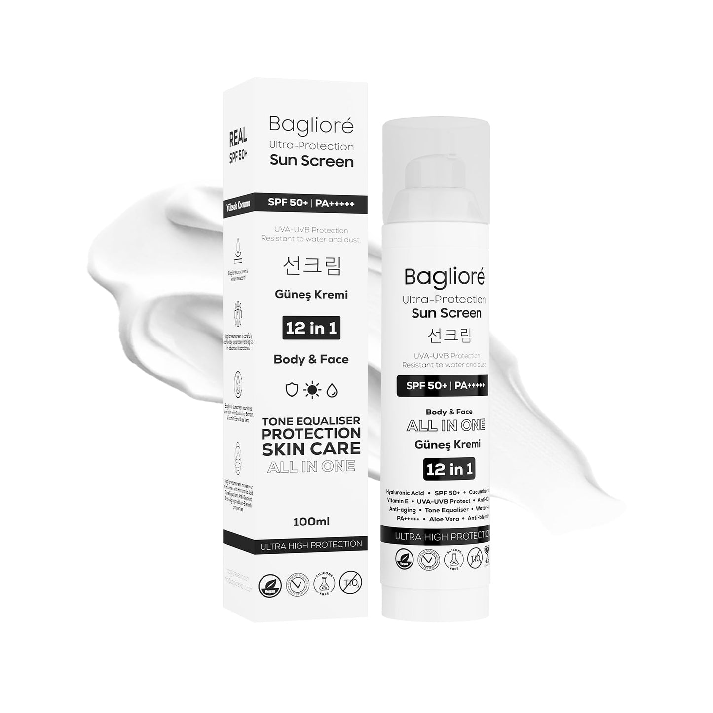 Bagliore Ultra-Protection Sunscreen, SPF 50+, Moisturizer with Zinc Oxide & Hyaluronic Acid, PA+++++, 12 in 1, Body & Face, 3.38 fl oz
