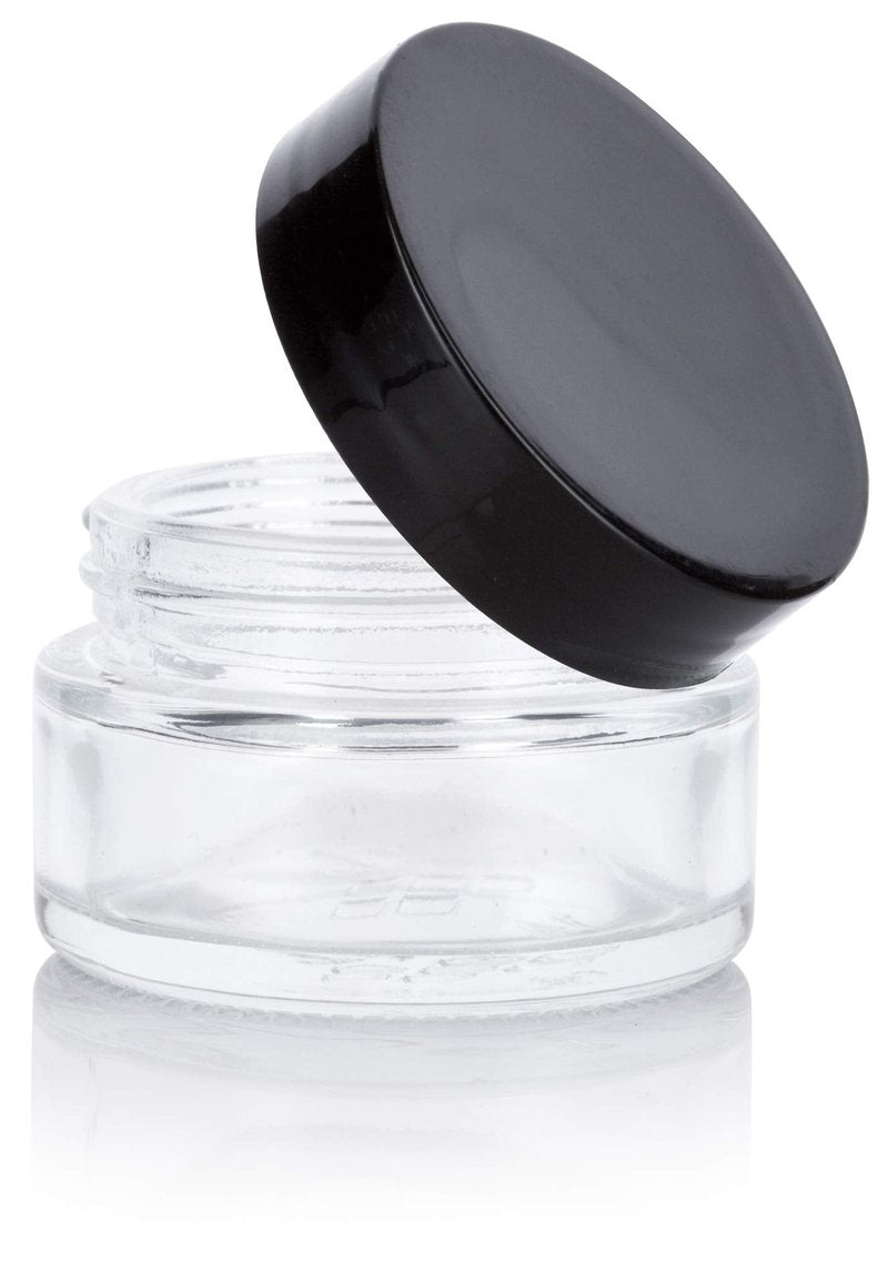 Clear Glass 0.50 oz / 15 ml Low Profile Thick Wall Balm Jars with Black Smooth Foam Lined Lids (12 PACK)