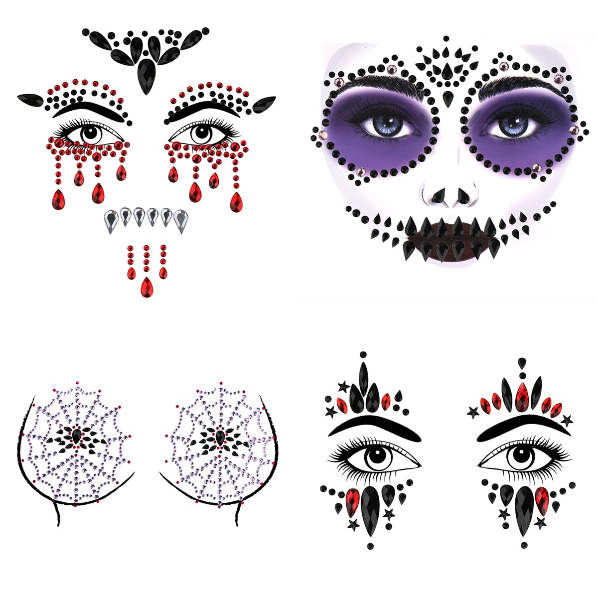 Bowitzki Face Jewels Halloween Rhinestone Stickers Self Adhesive Crystal Makeup Face Gems Stick for Festival Accessory Decorations (D)