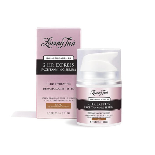 Loving Tan 2 HR Express Face Tanning Serum, Dark - Hydrating, Natural-Looking Glow Sunless Self Tanner, Dermatologist Tested, Naturally Derived DHA, Vegan & Cruelty-Free (1 Fl Oz) Packaging May Vary