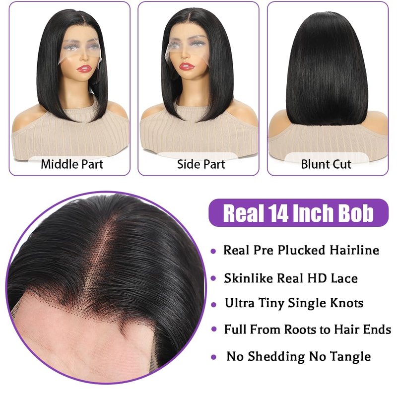 Human Hair Bob Wig - 13x6 Lace Front, 180% Density, 10 Inch for Black Women