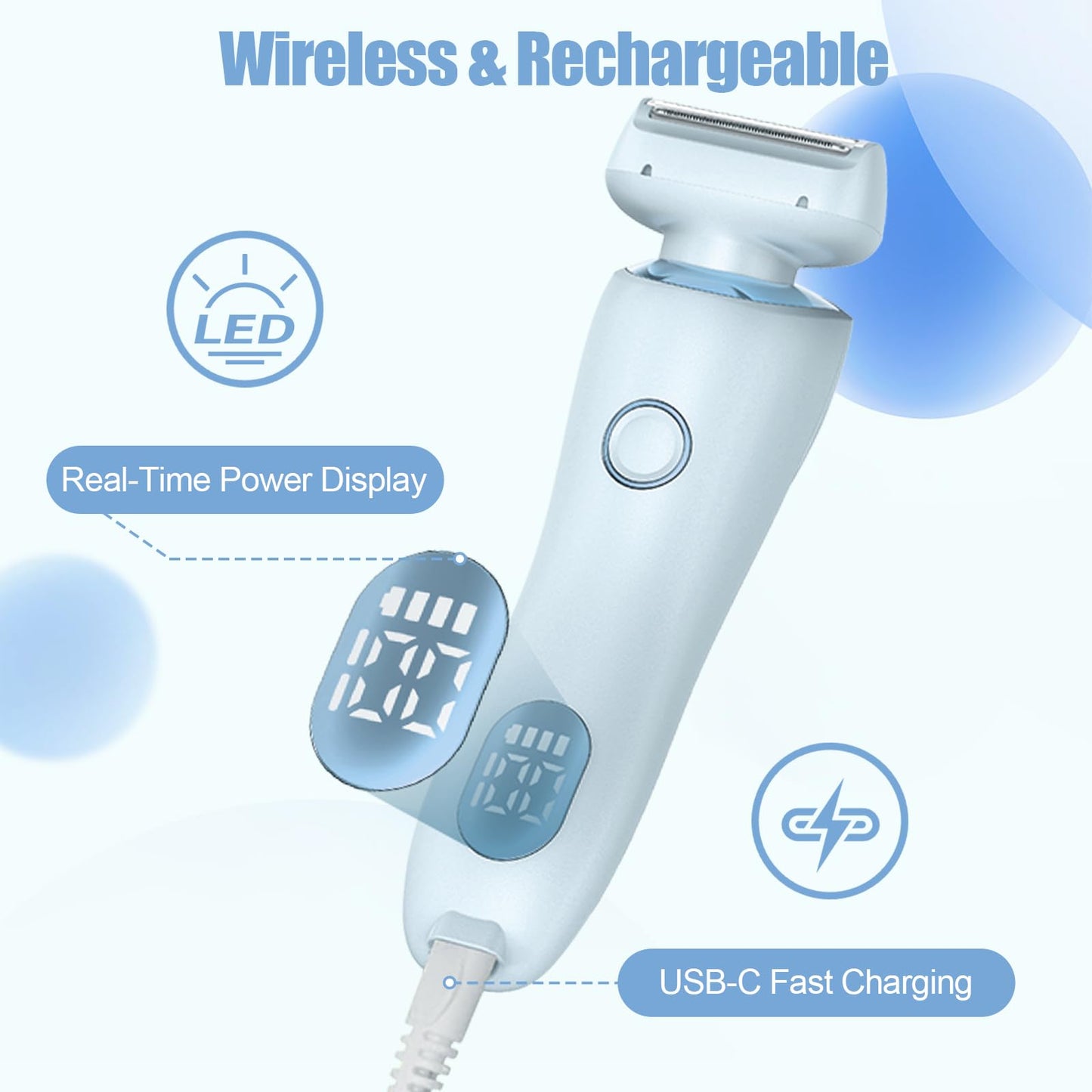 Electric Shaver for Women, SilkGlide Cordless Razor with 2 Removable Heads for Leg Arm Underarm Bikini Area, Painless Hypoallergenic Lady Trimmer, IPX7 Waterproof Wet Dry Use, USB Rechargeable, Blue