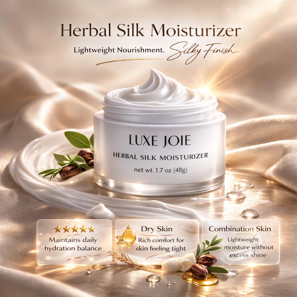 LuxeJoie Herbal Silk Moisturizer Face Cream, 1.7 oz, Lightweight Hydrating Facial Moisturizer Cream for Sensitive Skin, Non-Greasy, Silky Finish, Jojoba & Cocoa Butter, Day & Night