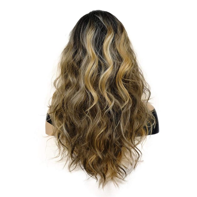 Long Curly Wavy Synthetic Wig - Golden Brown with Dark Roots | Stylish Hairpiece for Women