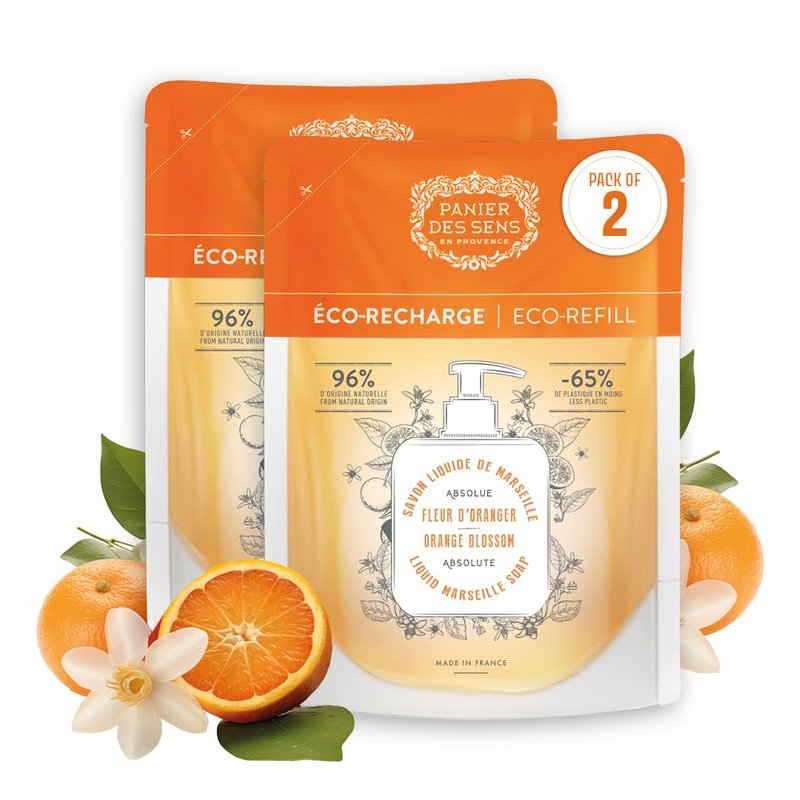 Panier des Sens Hand Soap Refill – Eco Value Pack, 8 Scents Available – Savon de Marseille Liquid Soap Refills – Hand Wash for Bathroom & Kitchen – Orange Blossom, 97% Natural, 2x16.9 Fl Oz