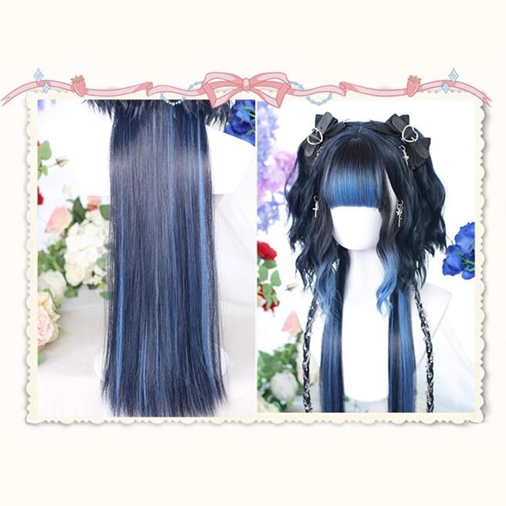 TEDPRBGE Women Curly Wig Jellyfish Head Wig Hime Cut Wigs Braids Sweet Lolita Princess Wigs for Daily Party (Black Blue)