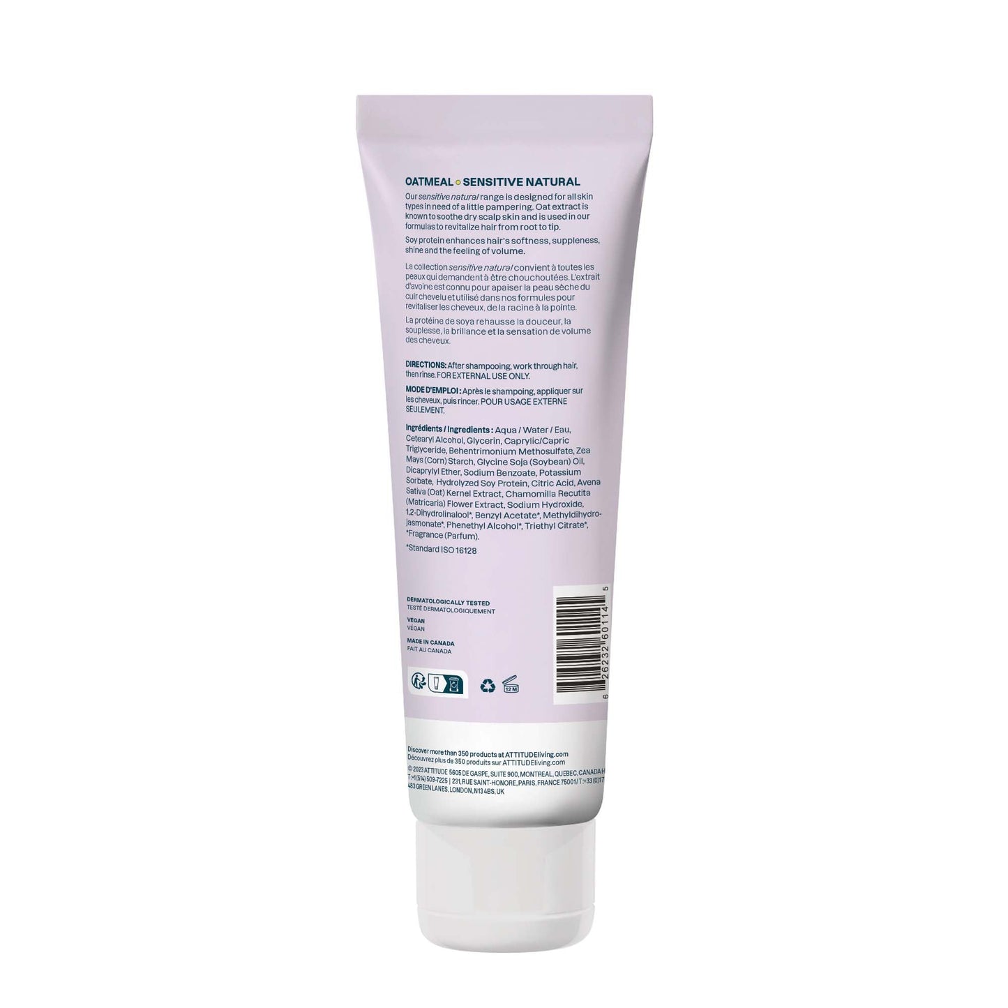 ATTITUDE Hair Conditioner for Sensitive Dry Scalp, For Thin Hair, Soothing Oat, Naturally Derived Ingredients, Dermatologically Tested, Vegan Detangler, Volume and Shine, 8 Fl Oz