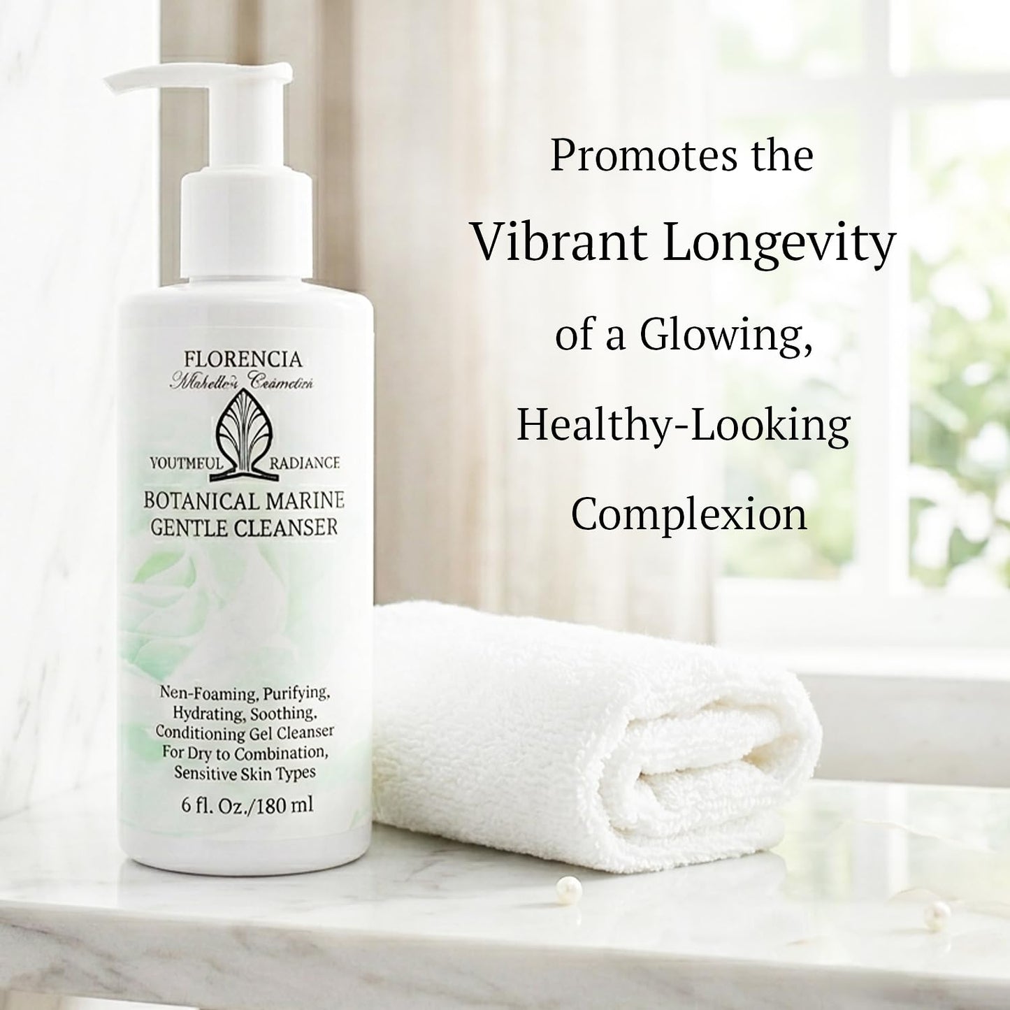 Florencia Botanical Marine Gentle Cleanser – Non Foaming Hydrating Purifying Face Wash with Marine Algae Seaweeds and Organic Botanicals for Dry Normal and Sensitive Skin – 6 Fl Oz