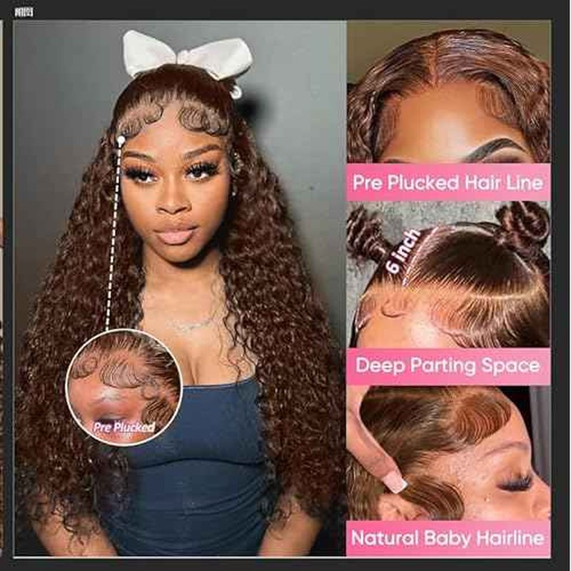 Chocolate Brown 13x6 Deep Wave Lace Front Wigs Human Hair 210Density Curly Wig HD Lace Front Wigs Human Hair Pre Plucked Frontal Wigs Human Hair Brown Glueless Wig For Women 32Inch