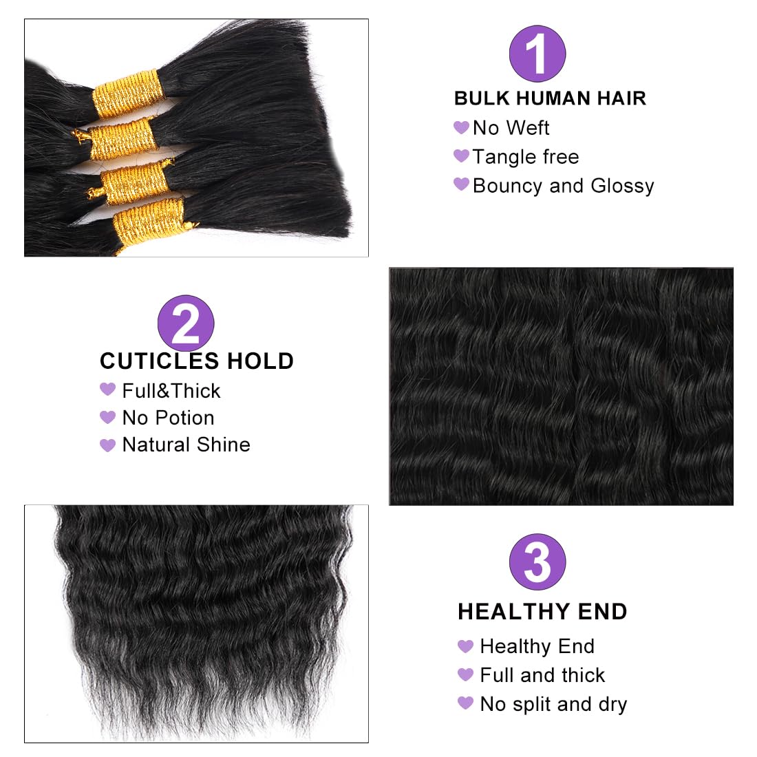 Wet and Wavy Human Braiding Hair No Weft Super Wavy Bulk Human Hair For Boho Braids 100g (1Pack-4PCS) 100% Virgin Human Hair Super French Micro Braiding Bohemian Braids (Super Wavy（#1B), 16 Inch)