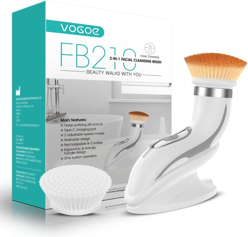 VOGOE Facial Cleansing Brush - Rechargeable Spin Exfoliator with 2 Brush Heads | 2-Speed Electric Face Scrubber in Grey