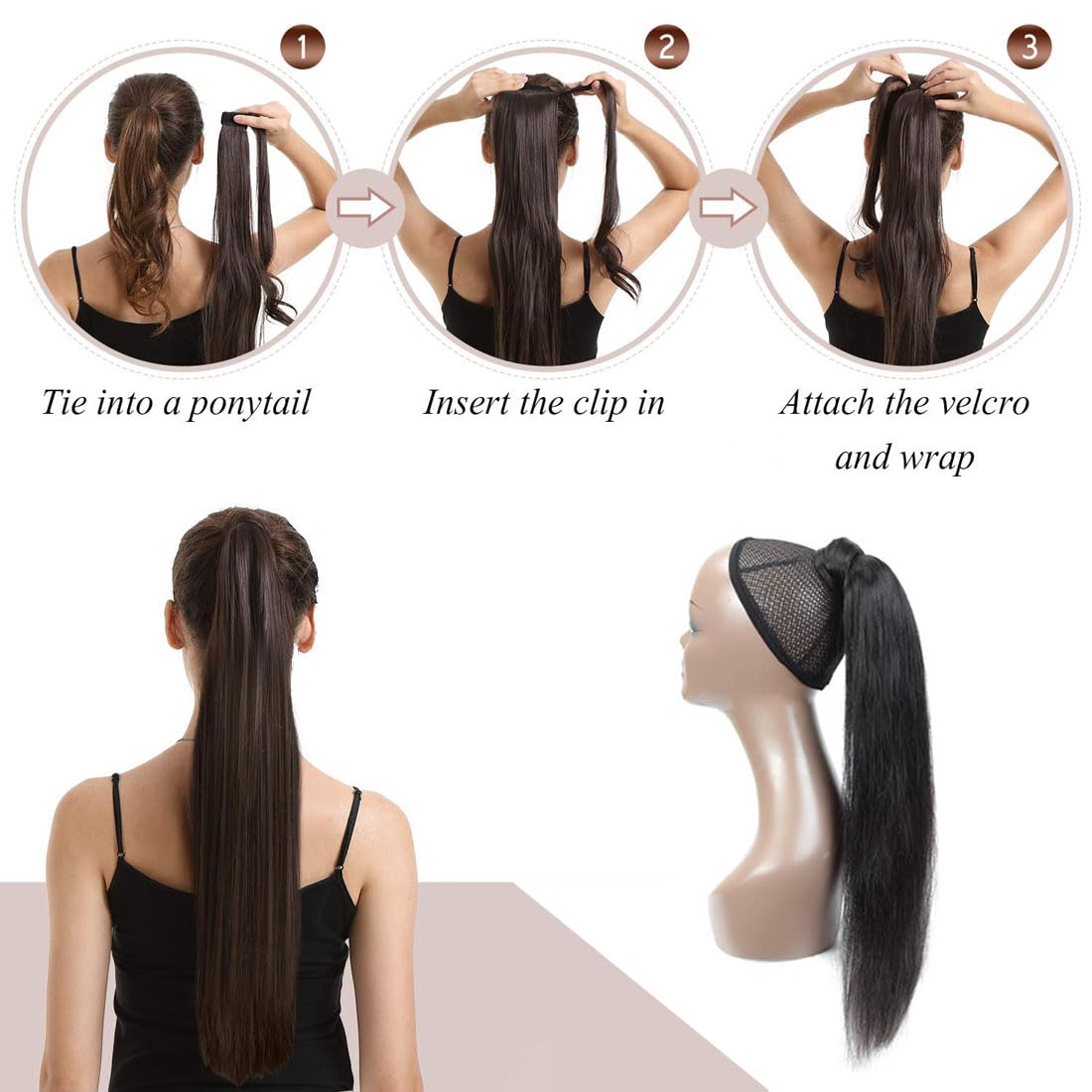Straight Ponytail Human Hair Extensions Brazilian Wrap Around Ponytail for Black Women Unprocessed Remy Human Hair Pony Tail Clip In Extension Hairpiece 110g (Straight Hair, 18inch)