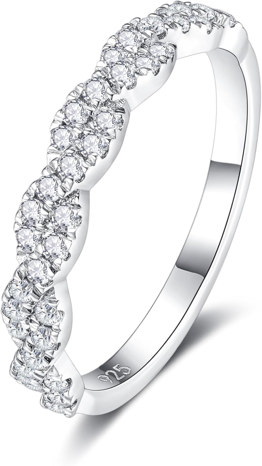 Moissanite Wedding Bands for Women - Trendy 0.3 Carat Half Eternity Stackable Rings | 18K White Gold Plated, Size 4-11