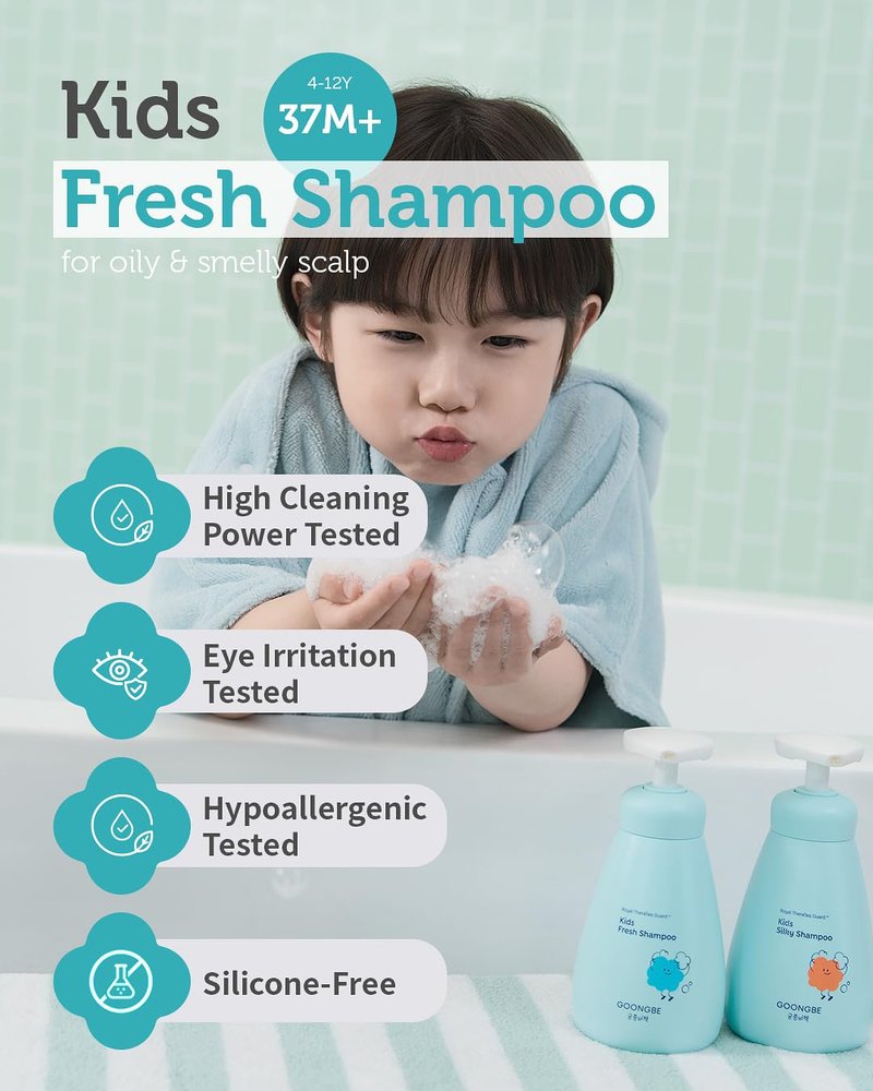 GOONGBE Kids' Korean Silicone-Free Low pH Fresh Shampoo & Conditioner for Sensitive Scalp - Deep Cleansing for Oily Scalps & Softening for Weak, Frizzy Hair - Allergen-Free Scent, 10.1 fl.oz & 6.76 oz
