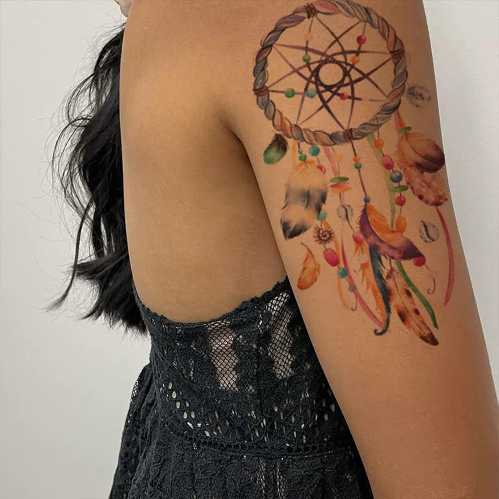 Oottati 6 Sheets Arm Large Temporary Tattoos - Colorful Dream Catcher Dreamcatcher Feather Dragon Bird World Peace