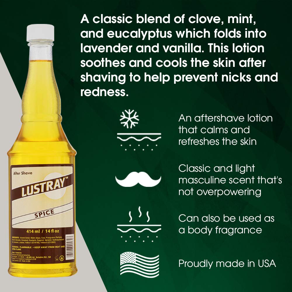 Clubman Lustray Spice After Shave Lotion – Classic Men's Aftershave for Razor Burn Relief, Refreshes & Soothes Skin After Shaving, 14 oz