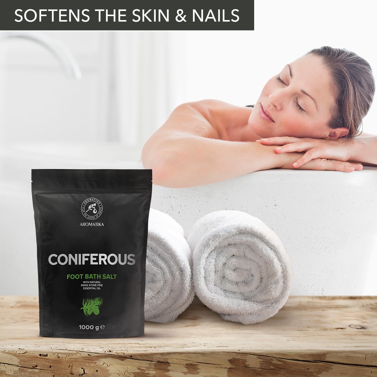 Foot Bath Salt Coniferous 35Oz - Pedicure Foot Bath Salt - Foot Bath Additive with Natural Sea Salt - Swiss Stone Pine Essential Oil - Foot Care for Tired Feet - Beauty - Relaxation - Aromatherapy