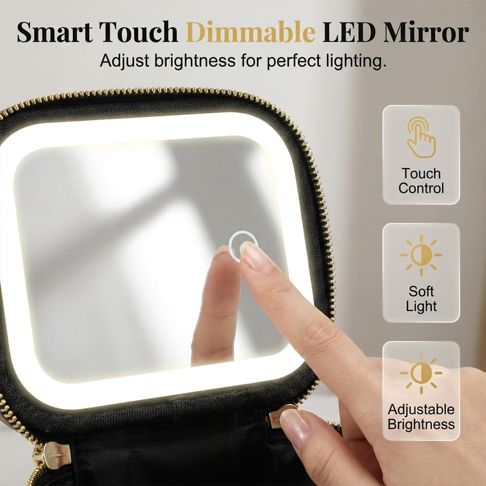 FANSUIT Mini Makeup Bag with Led Mirror, Small Travel Make up Bag 3 Light Modes Adjustable Brightness, Rechargeable Portable Makeup Pouch with Handle, for Pool Parties Work Touch-Ups (Black)