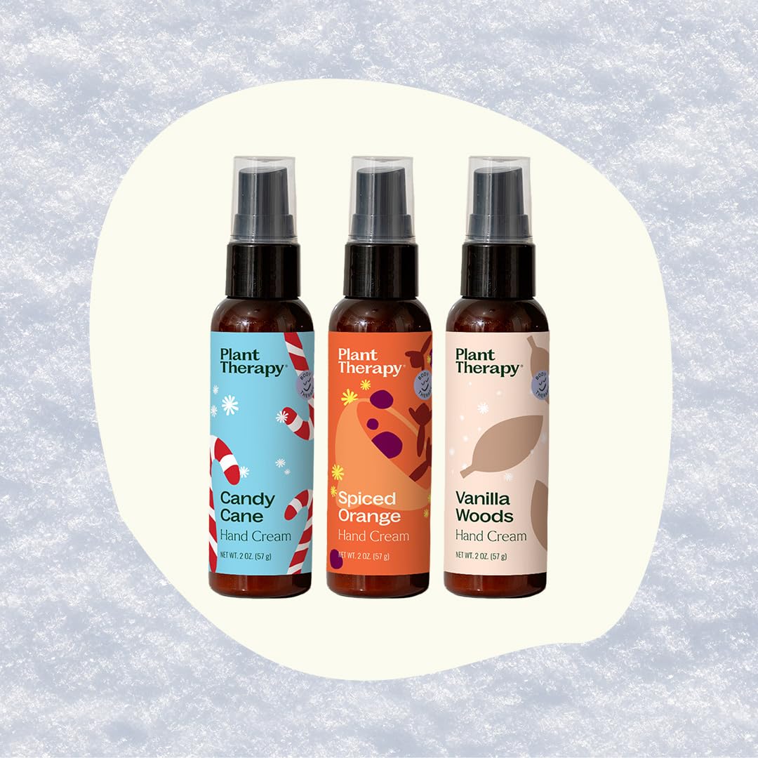 Plant Therapy Frosted Holiday Hand Cream Trio Set, Festive Trio with Three Seasonal Scents, Silky, Non-Greasy Hydration Anytime, Anywhere, Perfect for Gifting, Travel, or Stockings, Naturally Scented