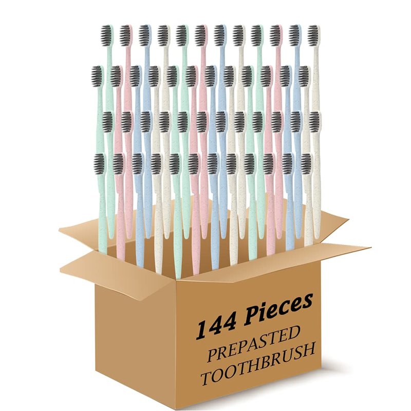 DR PERFECT Prepasted Wheat Charcoal Toothbrush Individually Wrapped with Sealed Paper Bag Pack of 144 (144)