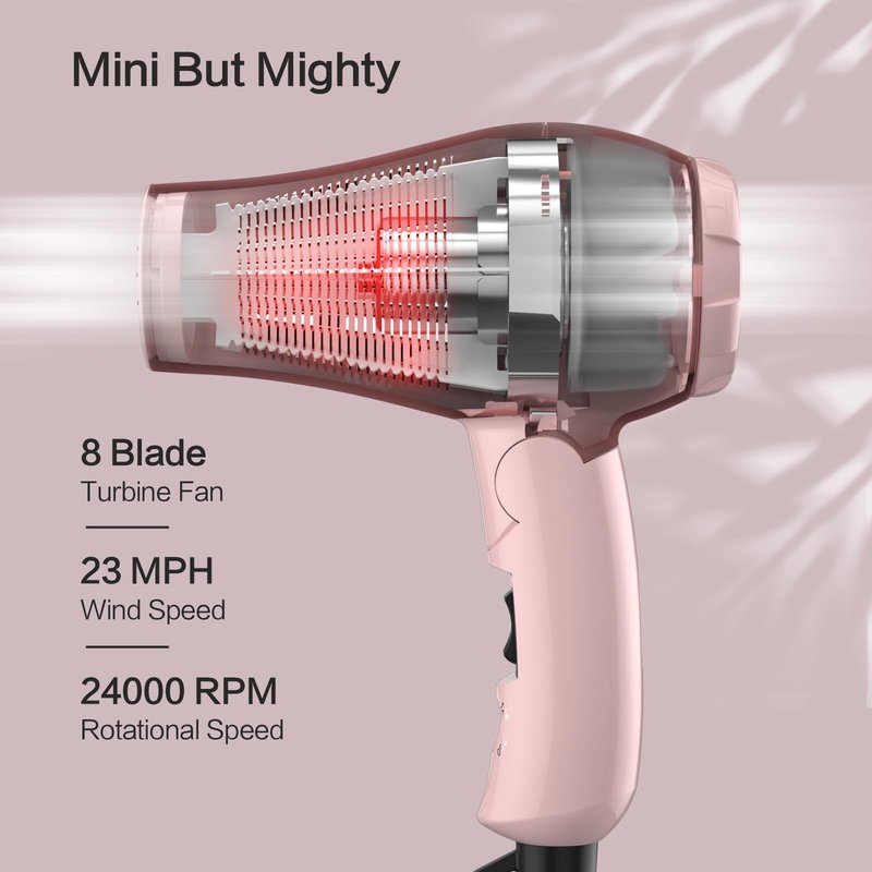 Foldable Travel Hair Dreyr Mini:Dual Voltage Small Lightweight Blow Dryer for International Travel,1200w Compact Hairdryer with Concentrator and Travel Bag(Light Pink)