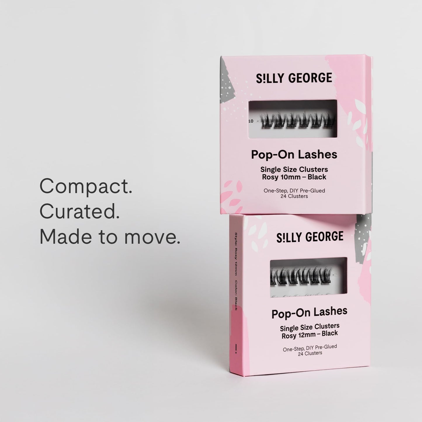 Silly George Single-Size Pop-On Lashes - DIY 1-Step Pre-Glued Faux Eyelash Cluster Kit, Natural Look Extensions, Pack of 24 Individual Clusters, Black - Rosy, 12mm