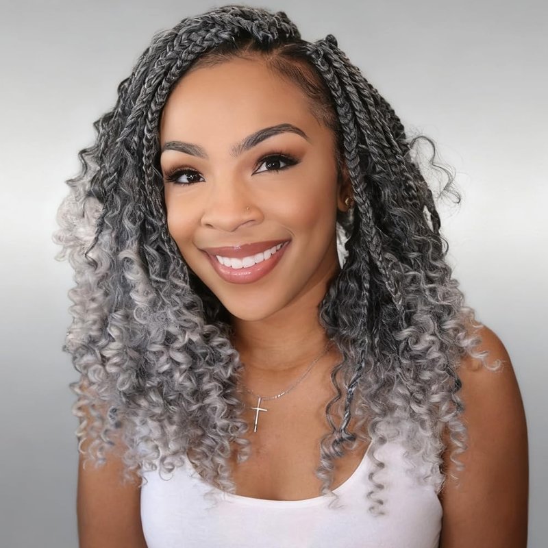 Goddess Box Braids Crochet Hair 10 Inch Bohemian Box Braids Crochet Hair with Curly Ends Boho 3X Synthetic Crochet Braiding Hair for Women (8 pack, 1b/gray#)