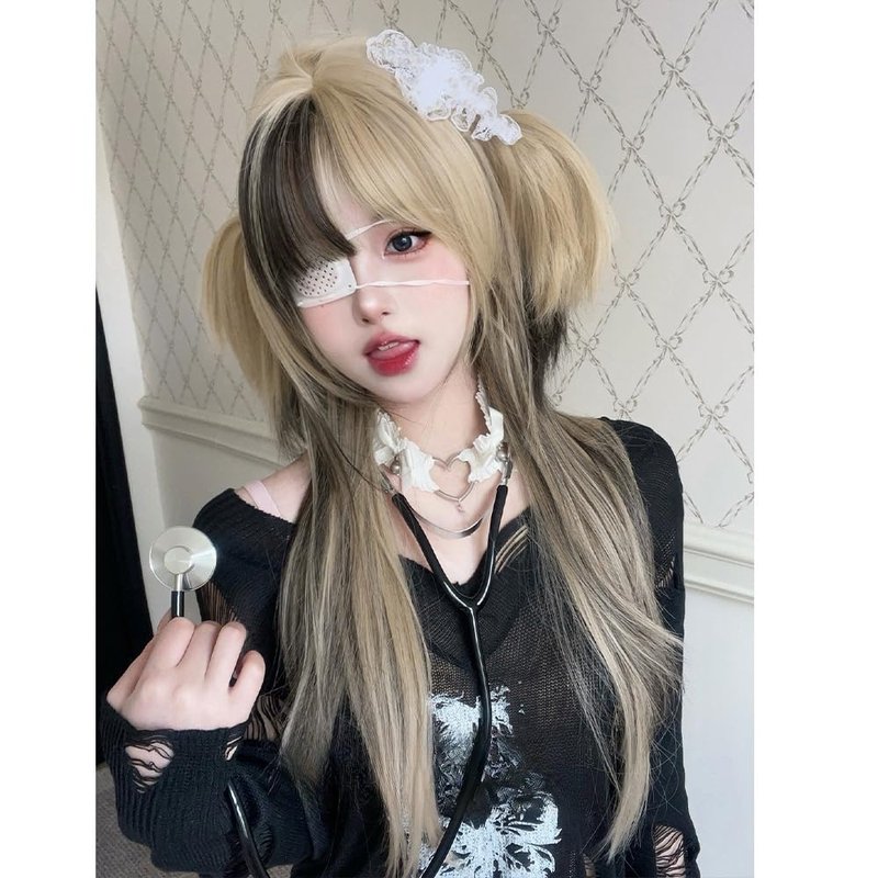 VVRPWASSLY Women Linen Highlights Coffee Wig Clip on Pigtails Long Straight Hair with Bangs Synthetic Wig for Daily Party