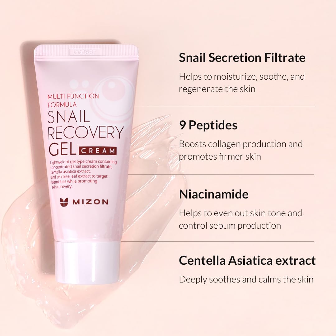 MIZON Set of Two Snail Recovery Gel Cream Snail Mucin with Peptides and Niacinamide for Fine Lines Skin Elasticity Moisture Fragrance-Free Korean Skincare(45ml 1.52 fl.oz -Pack of 2)