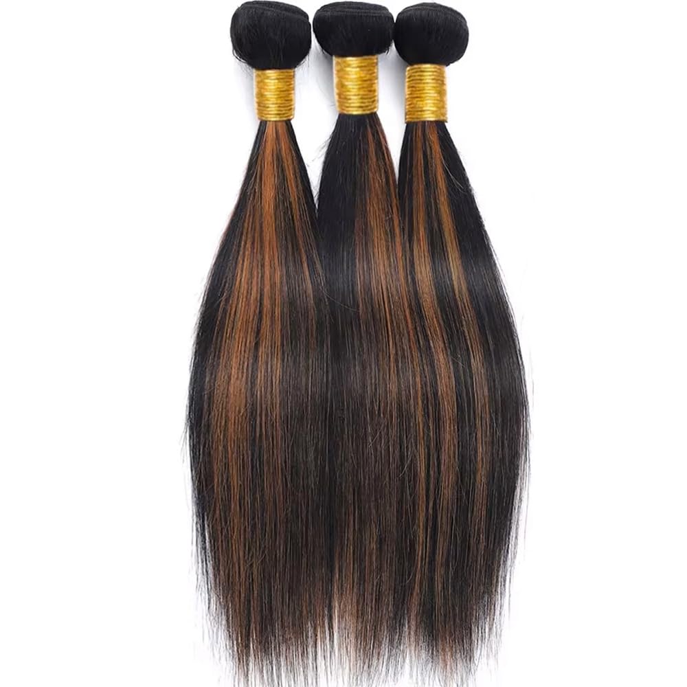 Ombre #30 Human Hair Bundles - Highlight Piano Color, Straight Weave | Black & Light Brown Mix, 14/16/18 Inch Double Weft