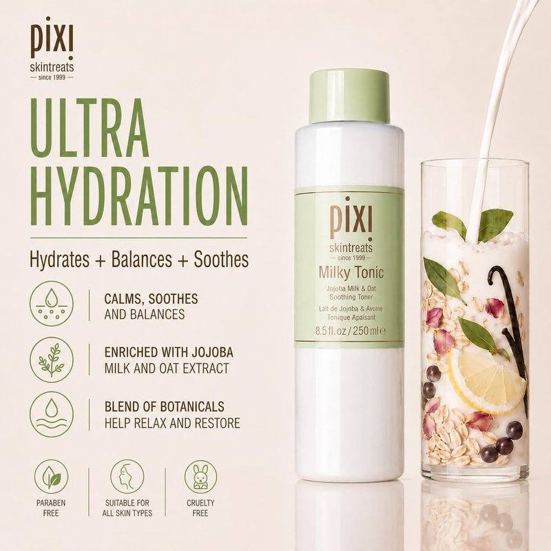 Pixi Milky Tonic, Calming & Hydrating Tonic Containing Jojoba Milk, Infused with Oat Extract to Soothe, Alcohol-Free Daily Nourishing Toner, 8.5 fl oz/ 250 mL