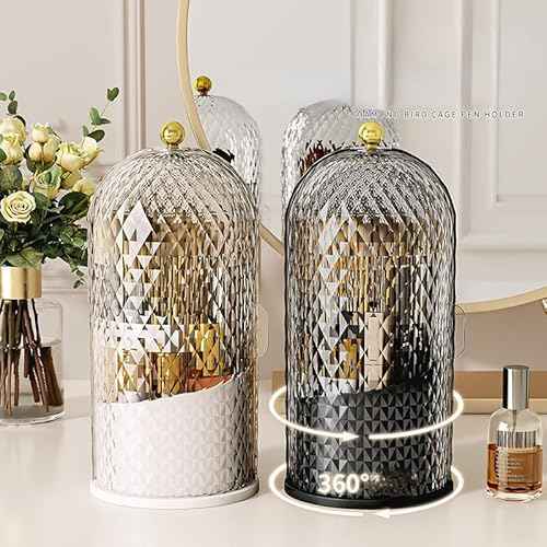 Makeup Brush Holder Organizer with 360¡Æ Rotating Lid Dustproof Makeup Brushes Organizer for Vanity Desktop Bathroom Countertop Clear Cover Easy Visibility (Black)