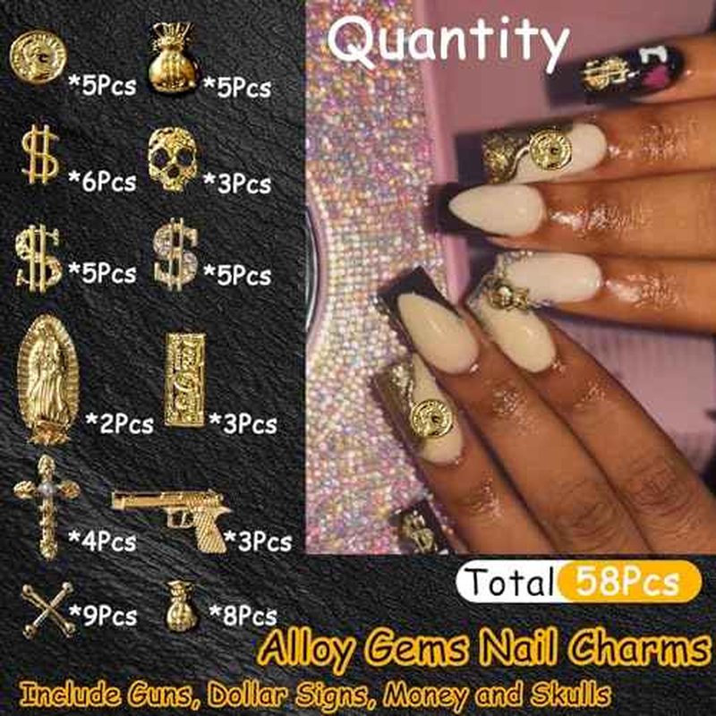 58PCS 3D Nail Charms - Gold Alloy Dollar, Gun, Virgin Mary,Cron & Cross Charms, Shiny Nail Rhinestones for Nail Art, Manicure, DIY Jewelry Making