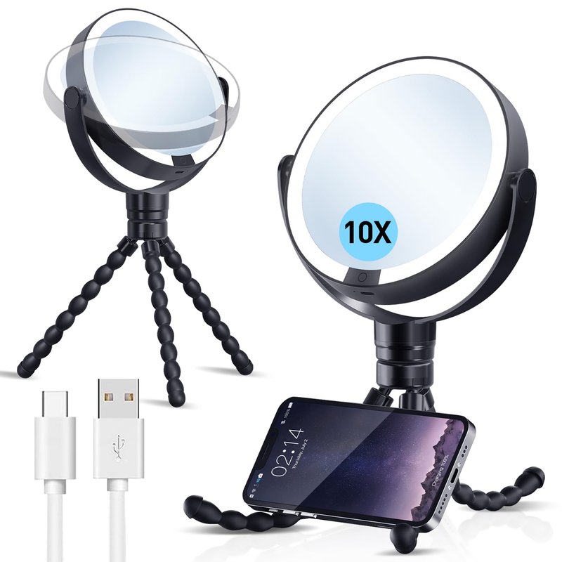 KOOKIN Travel Makeup Mirror with Lights and Magnification 1X/10X, Lighted Makeup Mirror, Rechargeable, 3 Color Lighting, Dimmable, 360° Rotation, Double Sided, Hanging Handheld Mirrors (Black)