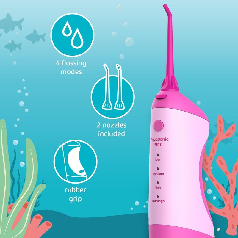 AquaSonic Kids' Water Flosser - 4 Flossing Modes, Orthodontic Nozzle | Pink Aquarium Adventures Design