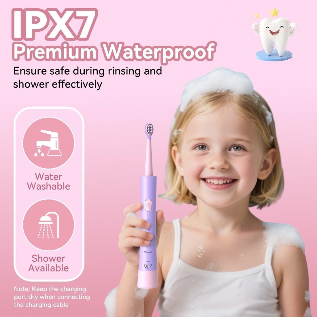 Rechargeable Electric Toothbrush for Kids | 5 Gentle Modes, Safe for Sensitive Teeth - Includes Fun DIY Stickers & 4 Soft Brush Heads