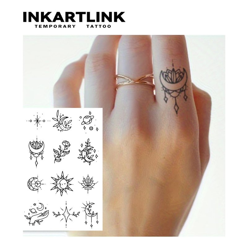 INKARTLINK Tattoo Tech, 2 Sheets Medium Semi Permanent Tattoo, Adult Art Design Temporary Tattoos, Lasts 1-2 Weeks, Waterproof, Realistic Look, No Adhesive, No Reflection (Flower and Planet)