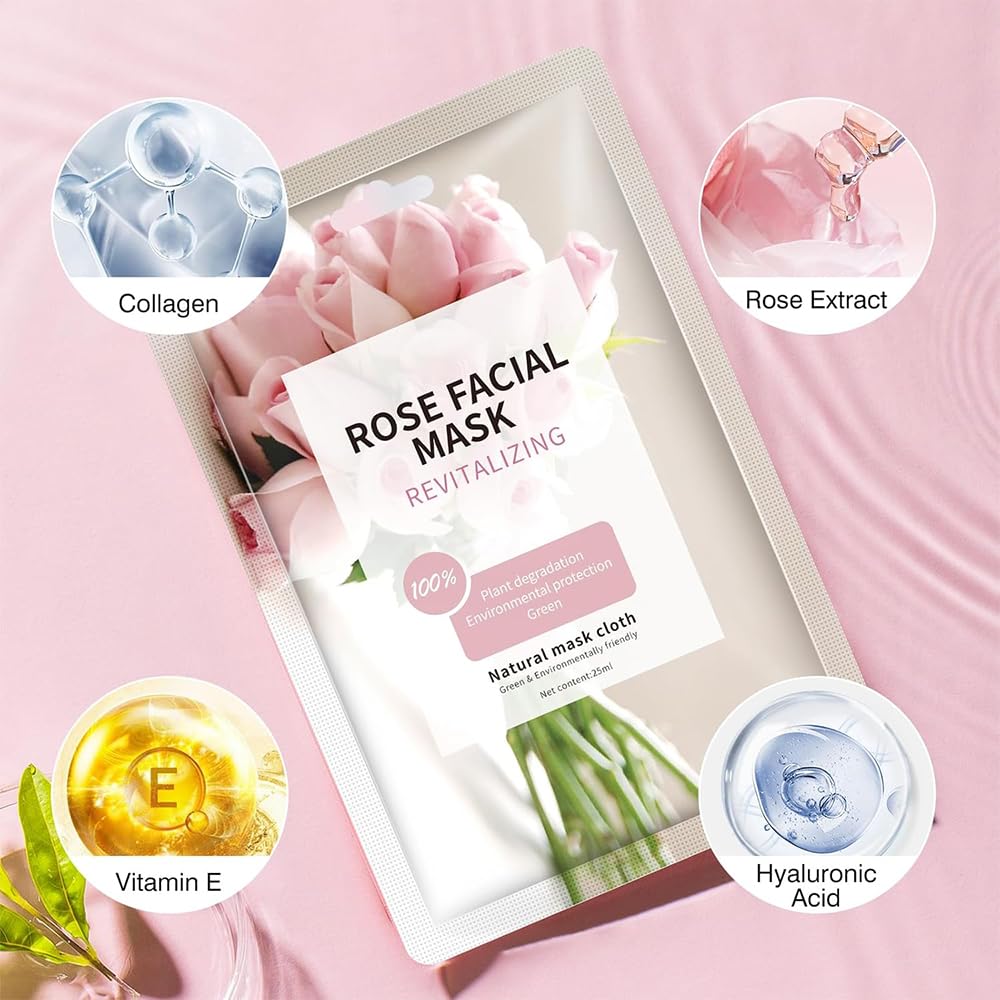 Hydrating Rose Facial Masks for Women - Moisturizing Sheet Masks for All Skin Types | 15-Pack