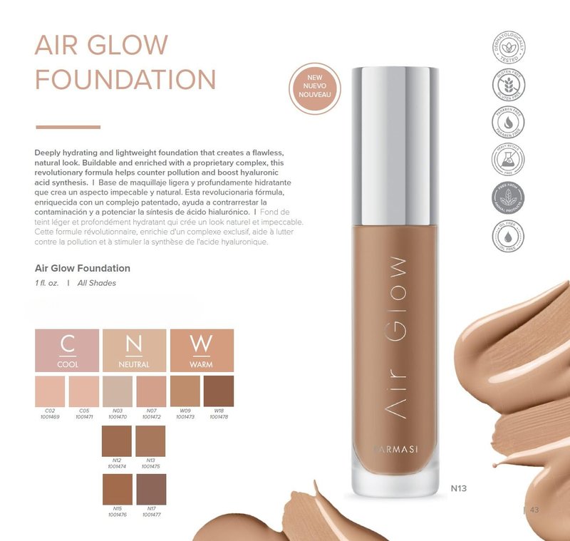 FARMASi Air Glow Foundation – Lightweight Liquid Formula with Hyaluronic Acid for Dewy, Natural-Looking Radiance – Buildable Coverage, Non-Comedogenic, 1 fl oz, N07