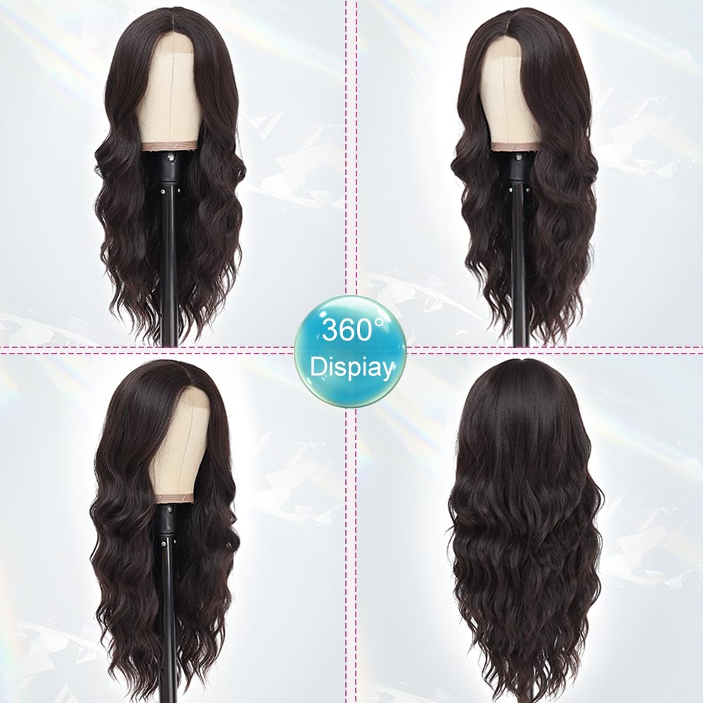 HMHIFI Long Brown Wig for Women 26Inch Wavy Curly Dark Brunette Hair Wigs Synthetic Hair Replacement Heat Resistant Hair Wig for Daily Party Use