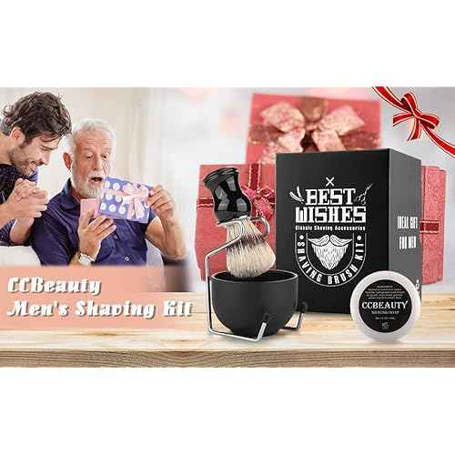 CCbeauty Mens Shaving Brush and Bowl Set, 4-in-1 Bristle Shave Brushes Kit with Stainless Steel Shaving Bowl & Soap Mug, Safety Razor Stand, Birthday Dad Gifts Set for Men, Black Soap 3.5Oz