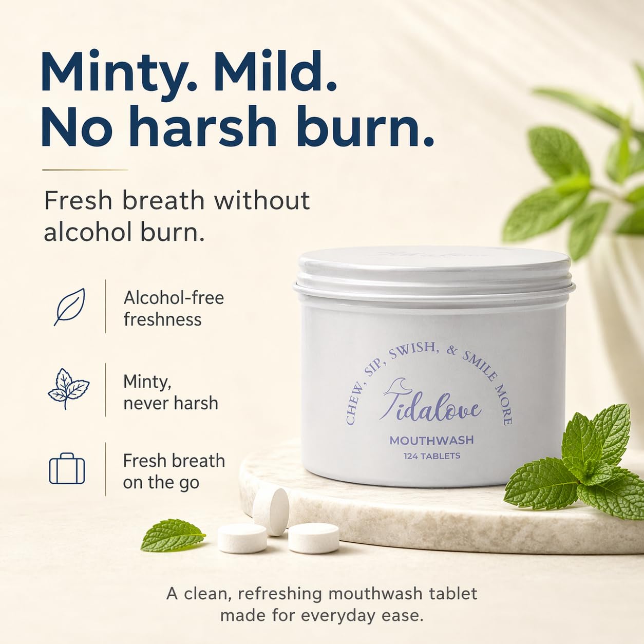 Mouthwash Tablets - Alcohol-Free, Eco-Friendly, Travel-Friendly, with Nano-HA & Green Tea for Fresh Breath and Enamel Protection - 124 Tablets (Refill)
