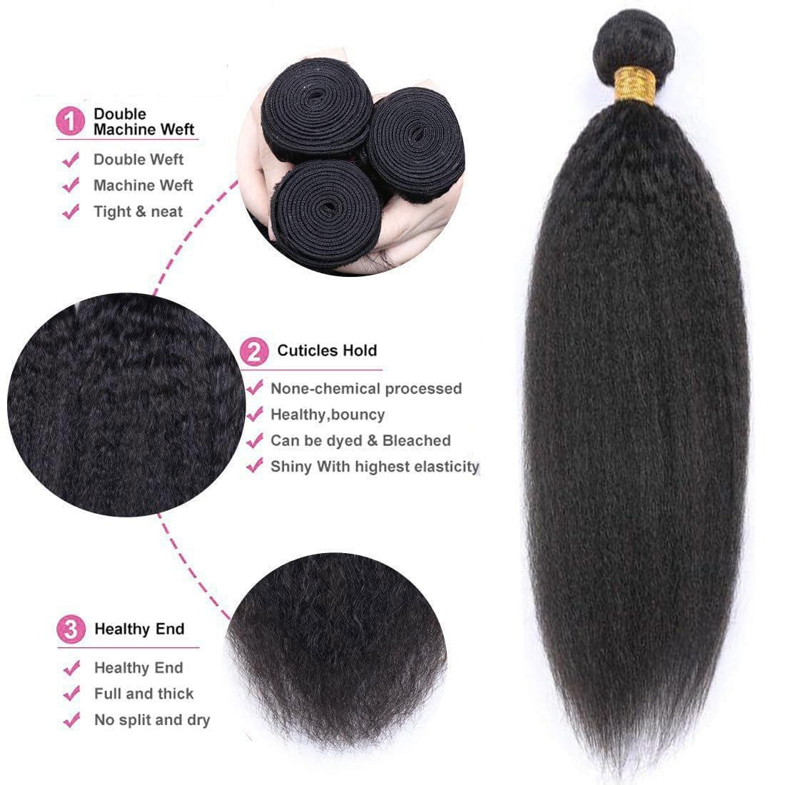 OLFORY Hair Bundles 12A Yaki Kinky Straight Human Hair 3 Bundles 100% Unprocessed Mongolian Virgin Human Hair Kinky Straight Bundles Yaki Hair Natural Color (12 14 16)