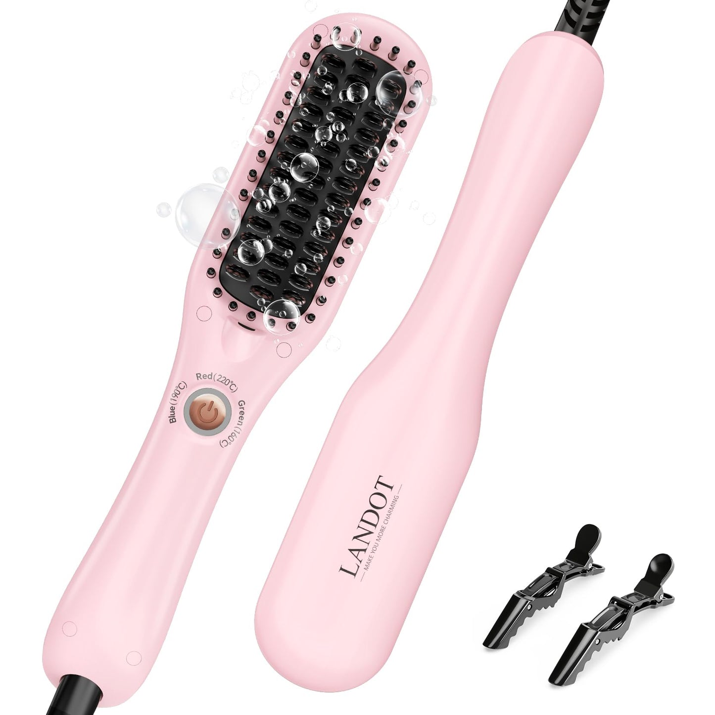 LANDOT Mini Hair Straightening Brush – Portable Heated Ionic Straightener Brush for Short to Medium Hair, 30s Fast Heat, Lightweight Hot Comb for Travel, Blush Pink